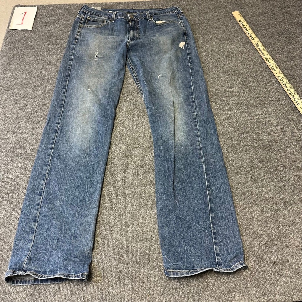 Levi's Jeans Mens Size 34 Blue 514 Straight Fit Distressed Denim Rips Stains